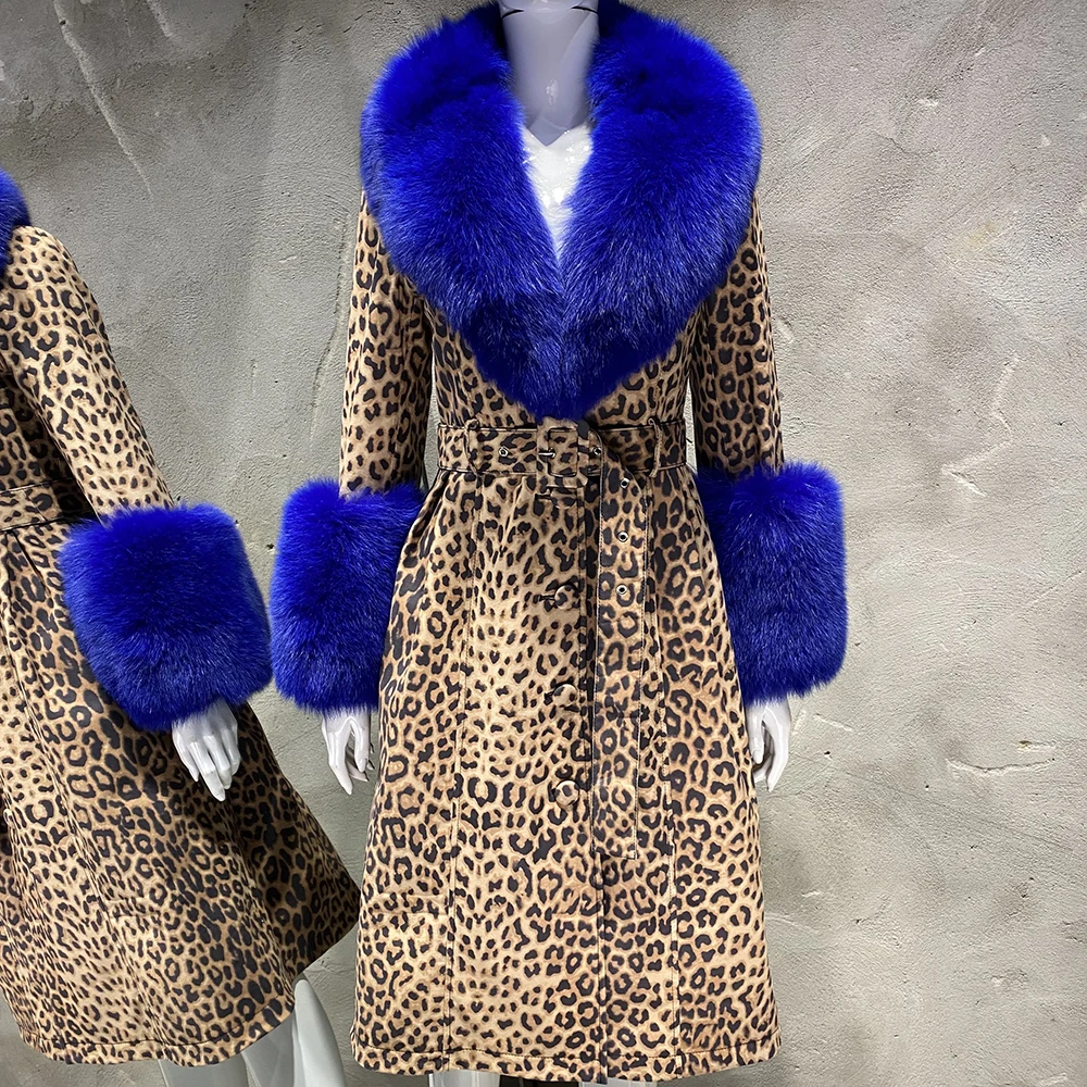 YOLOAgain Women's Detachable Real Fox Fur Collar Cuffs Genuine Leather Jacket Coat Long Women