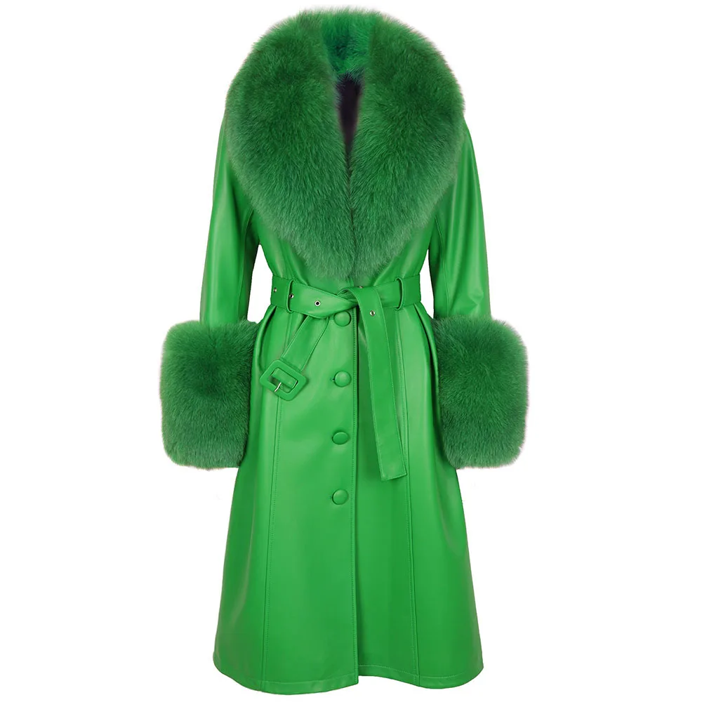 YOLOAgain Women's Detachable Real Fox Fur Collar Cuffs Genuine Leather Jacket Coat Long Women