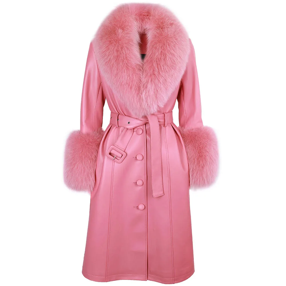 YOLOAgain Women's Detachable Real Fox Fur Collar Cuffs Genuine Leather Jacket Coat Long Women