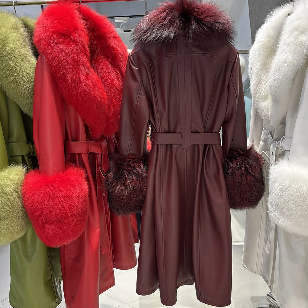 YOLOAgain Women's Detachable Real Fox Fur Collar Cuffs Genuine Leather Jacket Coat Long Women
