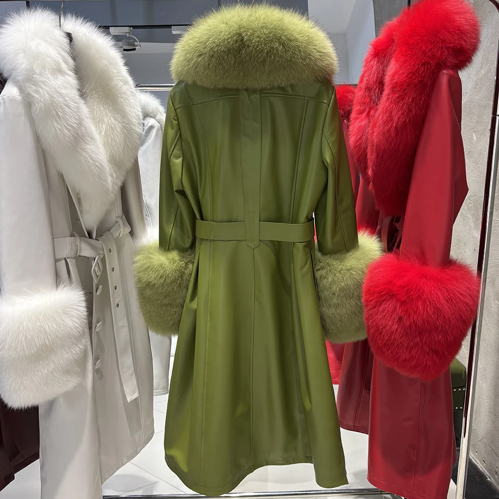 YOLOAgain Women's Detachable Real Fox Fur Collar Cuffs Genuine Leather Jacket Coat Long Women
