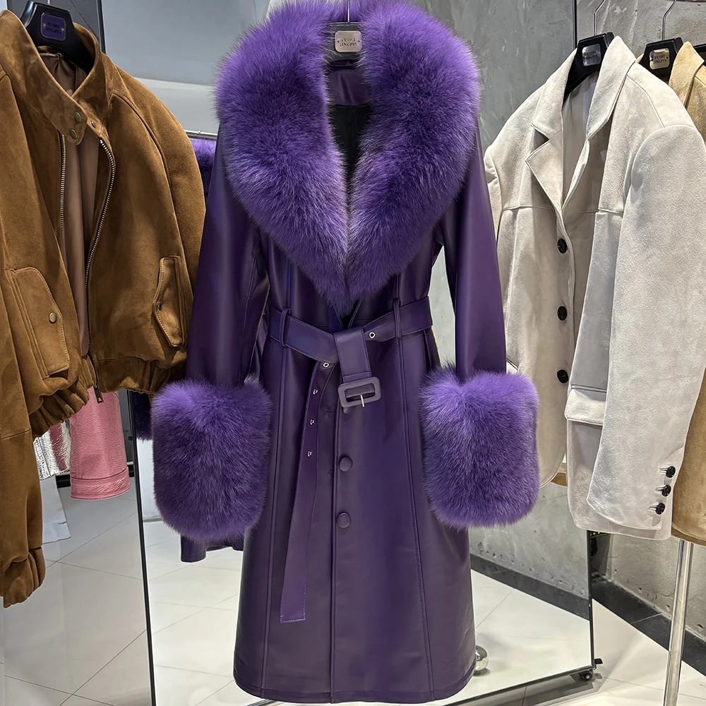 YOLOAgain Women's Detachable Real Fox Fur Collar Cuffs Genuine Leather Jacket Coat Long Women