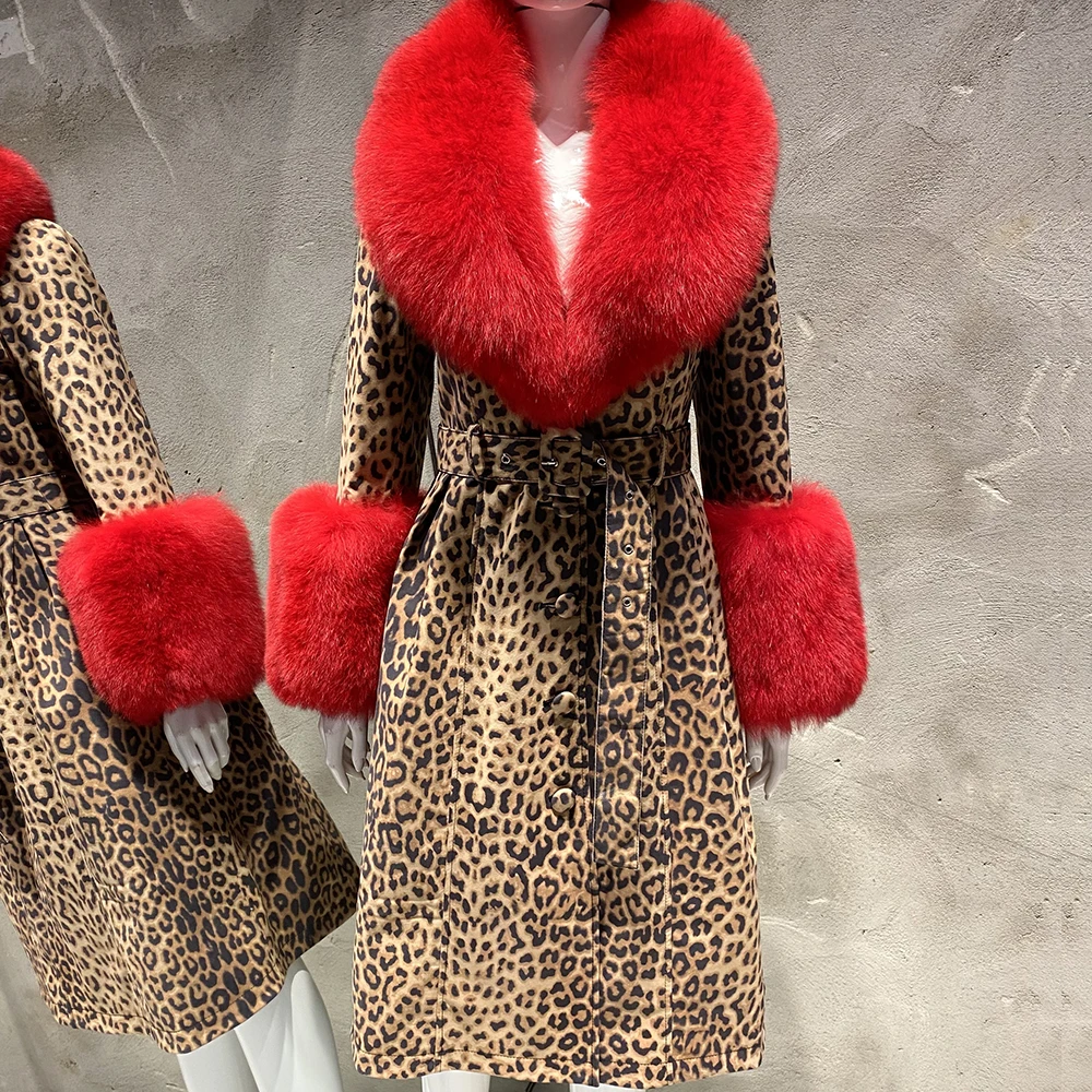 YOLOAgain Women's Detachable Real Fox Fur Collar Cuffs Genuine Leather Jacket Coat Long Women