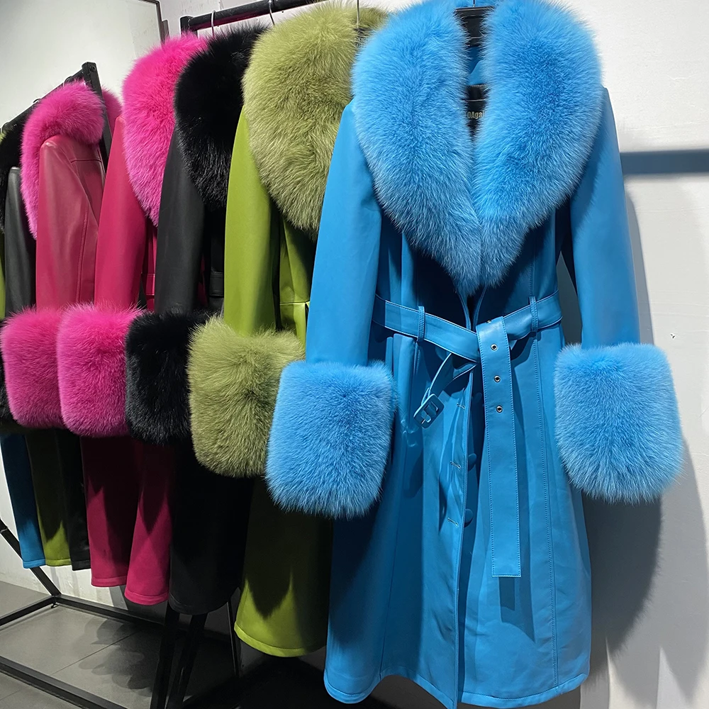 YOLOAgain Women's Detachable Real Fox Fur Collar Cuffs Genuine Leather Jacket Coat Long Women