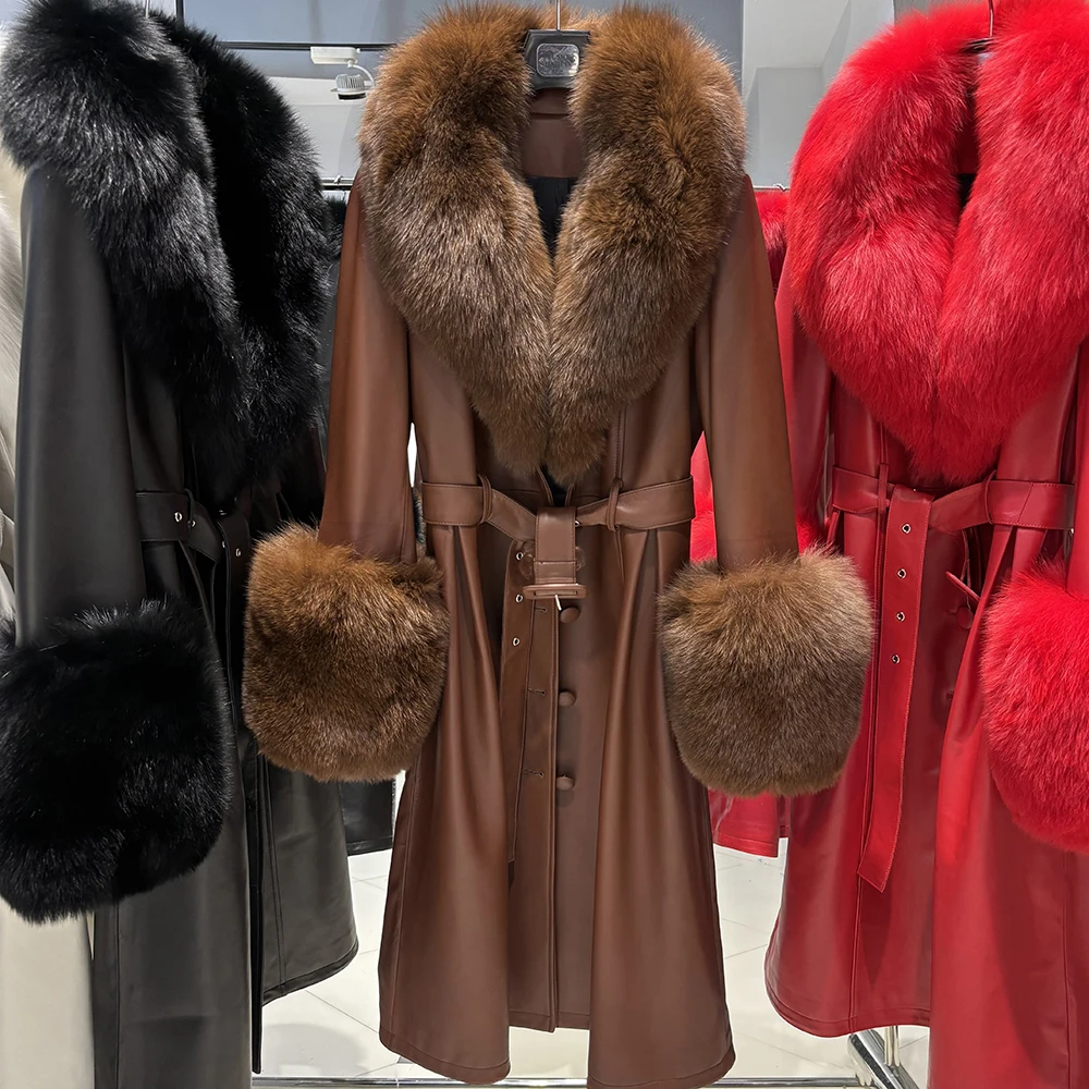 YOLOAgain Women's Detachable Real Fox Fur Collar Cuffs Genuine Leather Jacket Coat Long Women