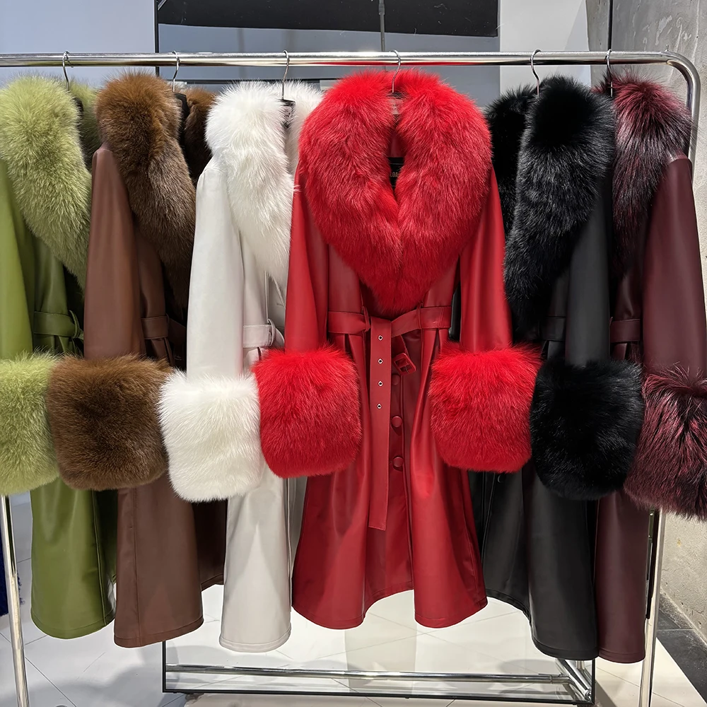 YOLOAgain Women's Detachable Real Fox Fur Collar Cuffs Genuine Leather Jacket Coat Long Women