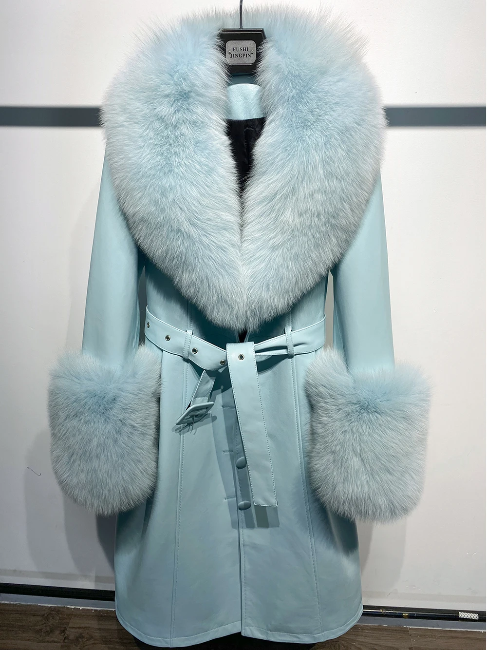 YOLOAgain Women's Detachable Real Fox Fur Collar Cuffs Genuine Leather Jacket Coat Long Women