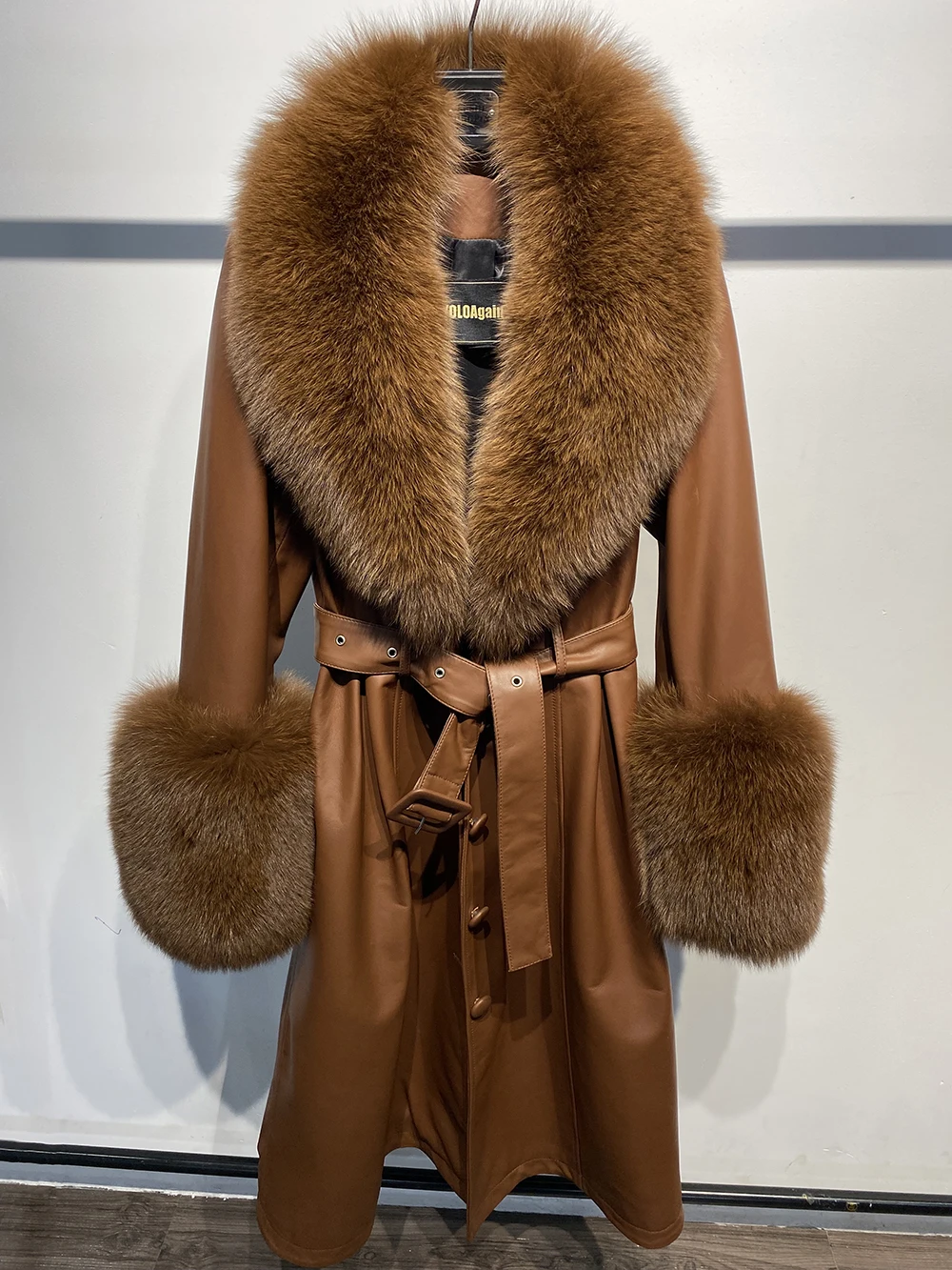 YOLOAgain Women's Detachable Real Fox Fur Collar Cuffs Genuine Leather Jacket Coat Long Women