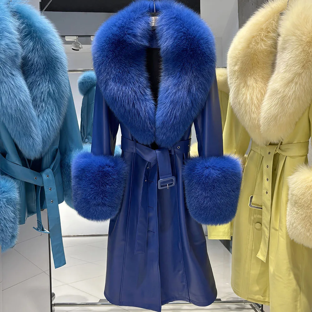 YOLOAgain Women's Detachable Real Fox Fur Collar Cuffs Genuine Leather Jacket Coat Long Women