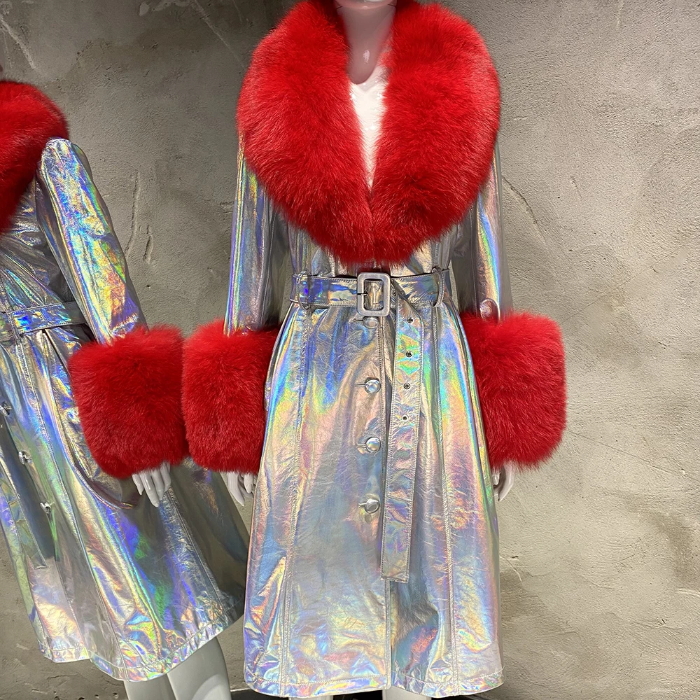 YOLOAgain Women's Detachable Real Fox Fur Collar Cuffs Genuine Leather Jacket Coat Long Women