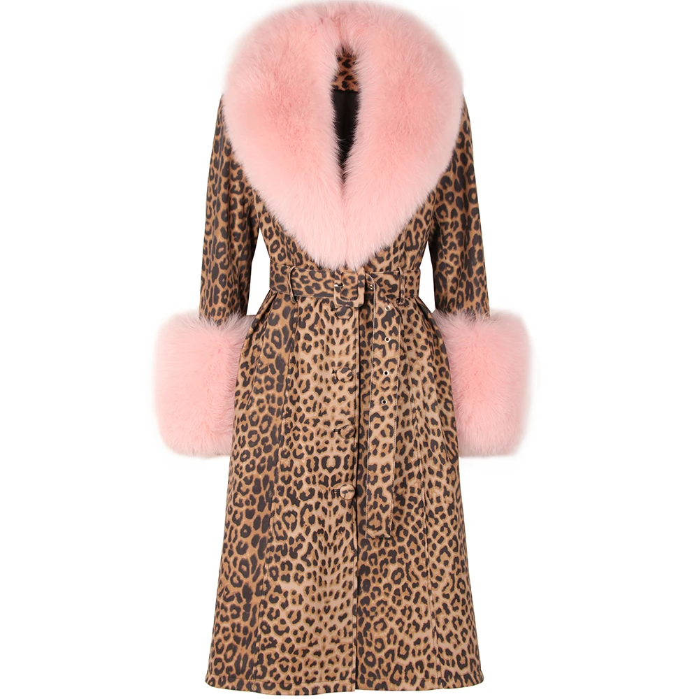 YOLOAgain Women's Detachable Real Fox Fur Collar Cuffs Genuine Leather Jacket Coat Long Women