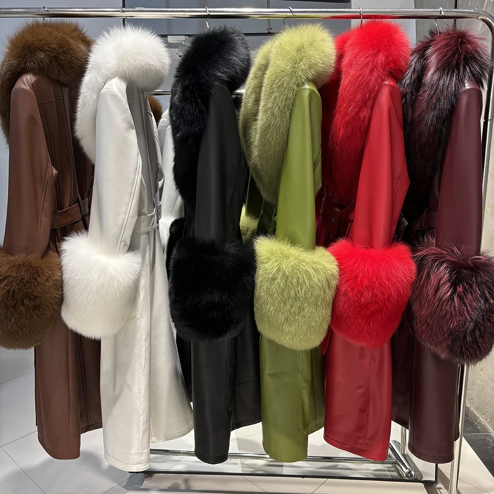 YOLOAgain Women's Detachable Real Fox Fur Collar Cuffs Genuine Leather Jacket Coat Long Women