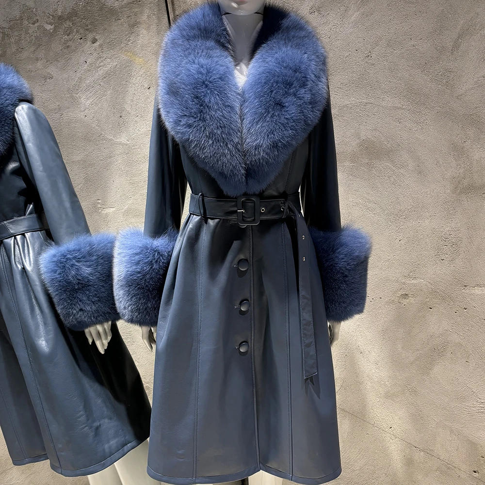 YOLOAgain Women's Detachable Real Fox Fur Collar Cuffs Genuine Leather Jacket Coat Long Women