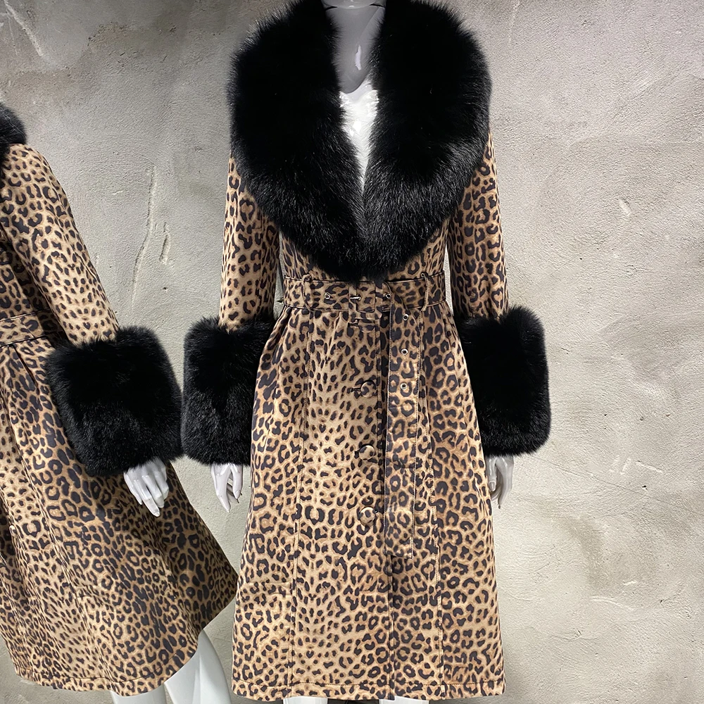 YOLOAgain Women's Detachable Real Fox Fur Collar Cuffs Genuine Leather Jacket Coat Long Women