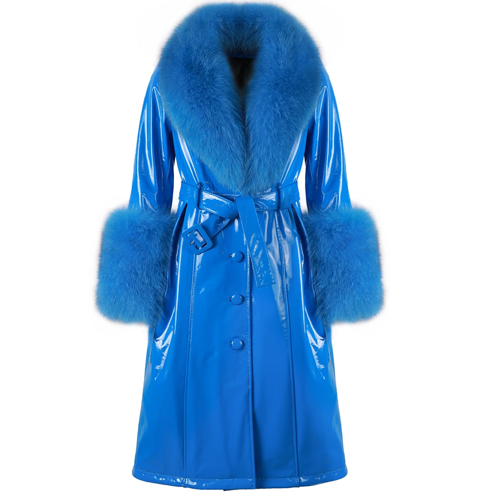 YOLOAgain Women's Detachable Real Fox Fur Collar Cuffs Genuine Leather Jacket Coat Long Women