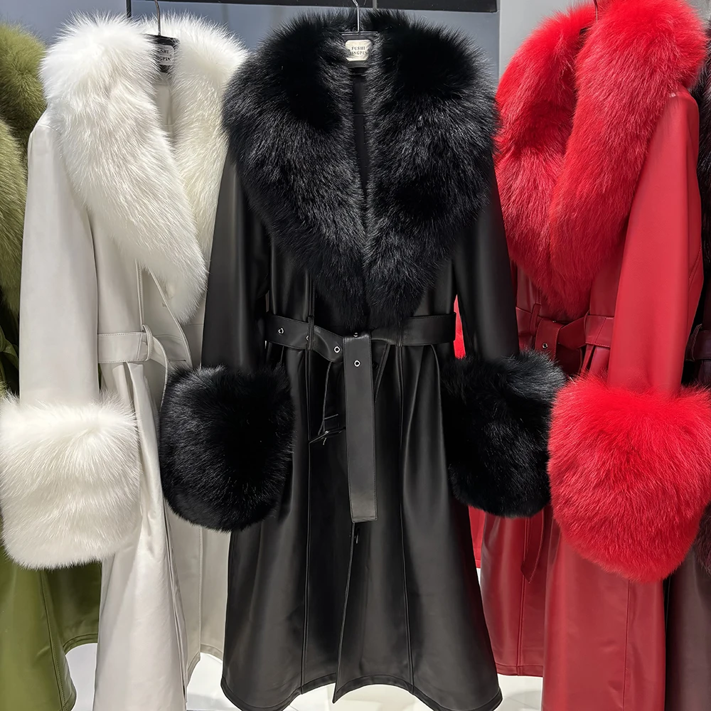 YOLOAgain Women's Detachable Real Fox Fur Collar Cuffs Genuine Leather Jacket Coat Long Women