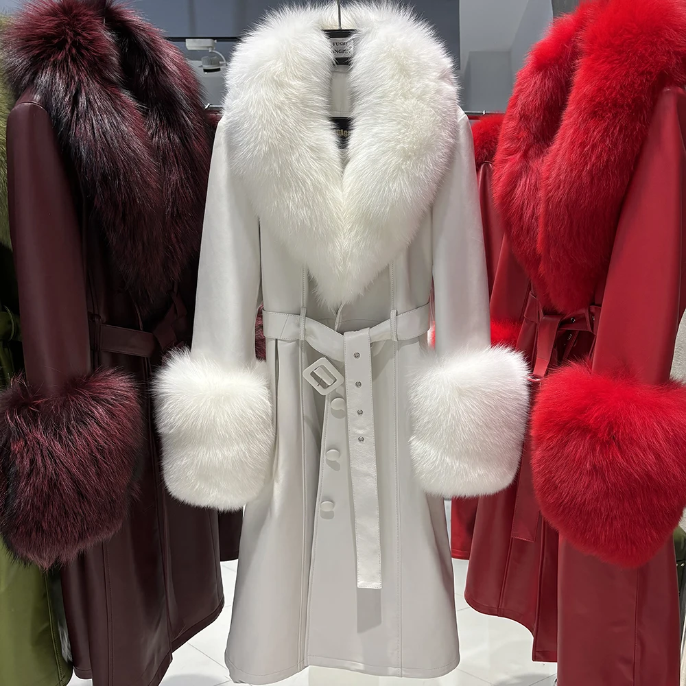 YOLOAgain Women's Detachable Real Fox Fur Collar Cuffs Genuine Leather Jacket Coat Long Women