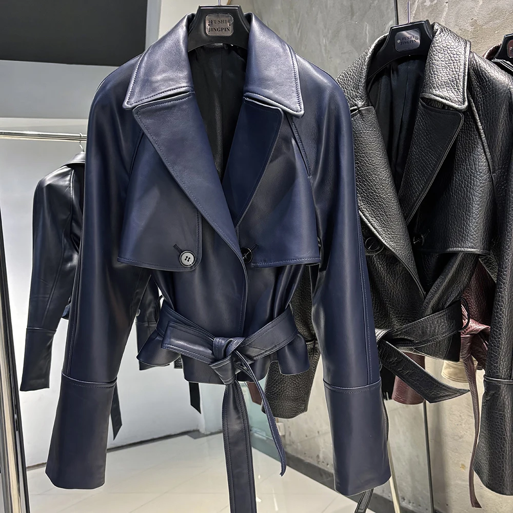 YOLOAgain Vintage Grain Leather Jacket Women Real Leather Sheepskin Jacket With Belt
