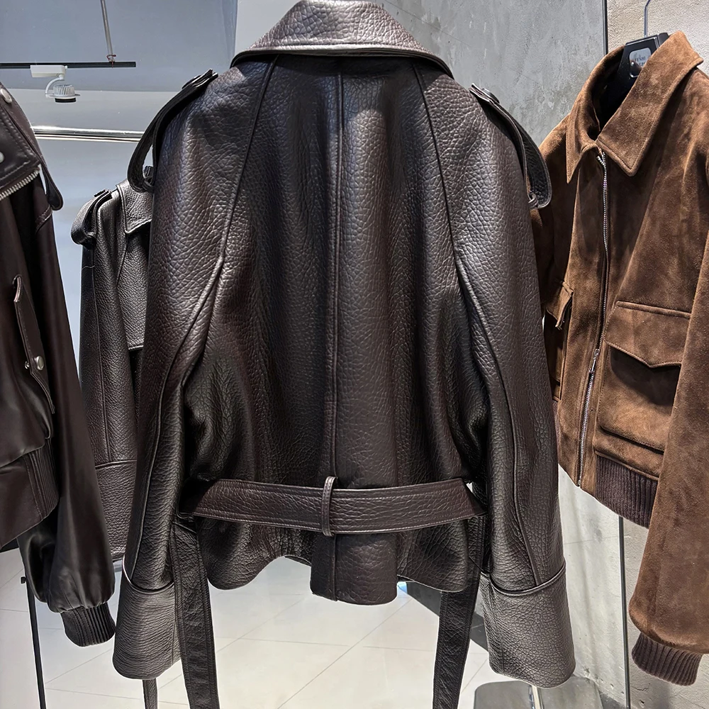 YOLOAgain Vintage Grain Leather Jacket Women Real Leather Sheepskin Jacket With Belt