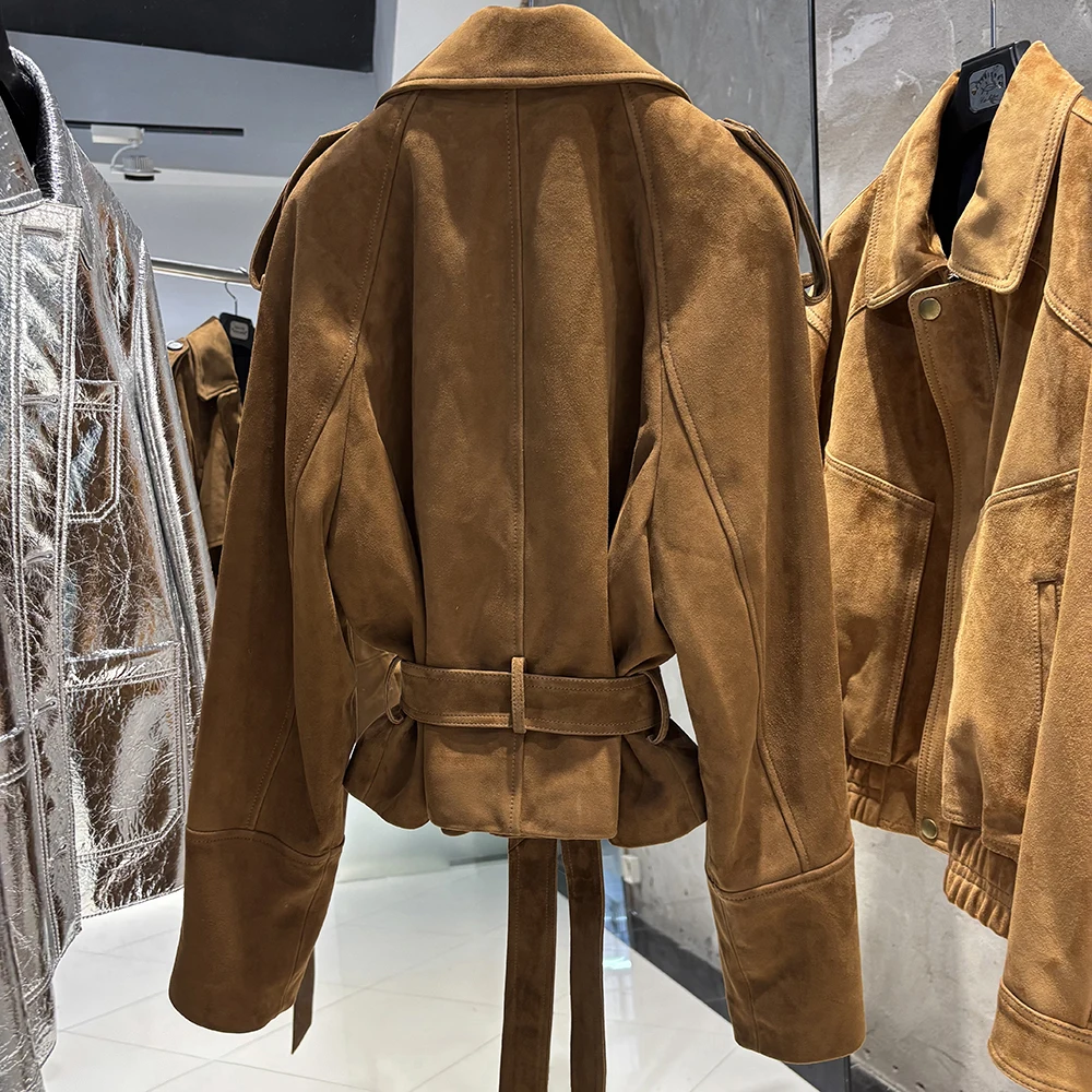 YOLOAgain Vintage Grain Leather Jacket Women Real Leather Sheepskin Jacket With Belt