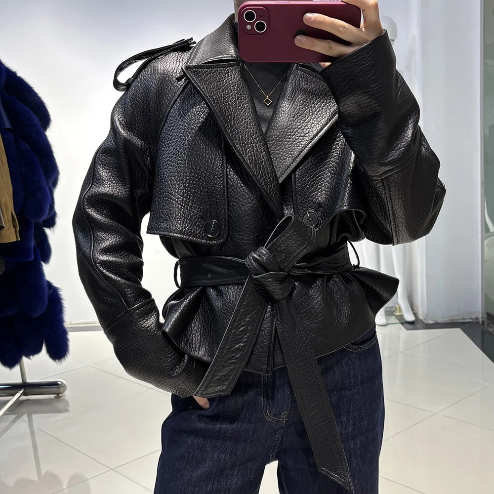 YOLOAgain Vintage Grain Leather Jacket Women Real Leather Sheepskin Jacket With Belt