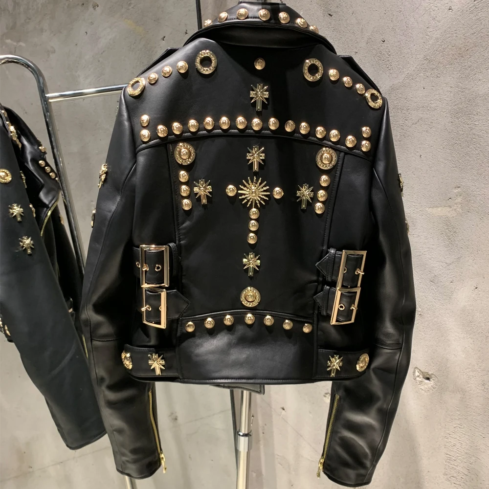 Leather Jacket Rivet High Street Ladies Autumn and Spring Fashion Wear Genuine Sheepskin Jacket 5860