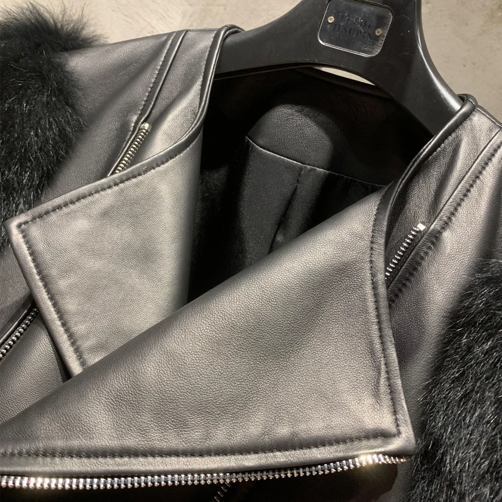 Leather Fur Jacket Natural Fur Sleeve Ladies Short Leather Jacket Real Fox Fur Sleeve Coat Women Autumn 21001-1