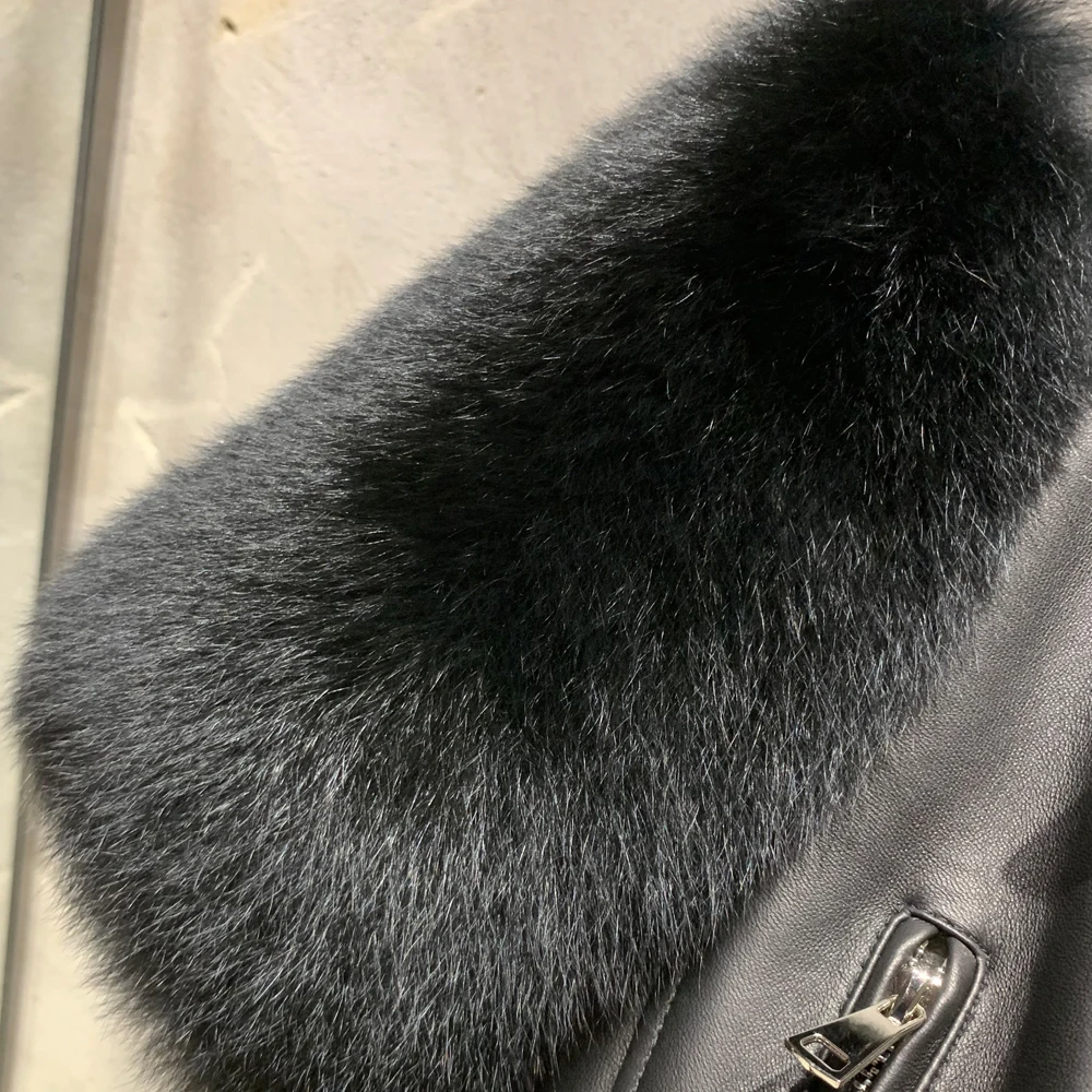 Leather Fur Jacket Natural Fur Sleeve Ladies Short Leather Jacket Real Fox Fur Sleeve Coat Women Autumn 21001-1