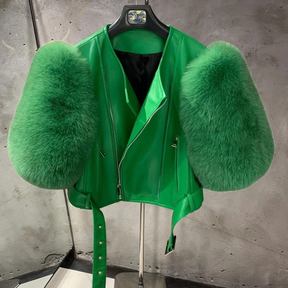 Leather Fur Jacket Natural Fur Sleeve Ladies Short Leather Jacket Real Fox Fur Sleeve Coat Women Autumn 21001-1