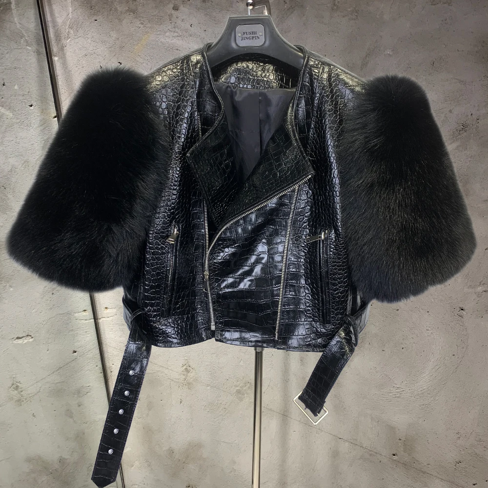 Leather Fur Jacket Natural Fur Sleeve Ladies Short Leather Jacket Real Fox Fur Sleeve Coat Women Autumn 21001-1