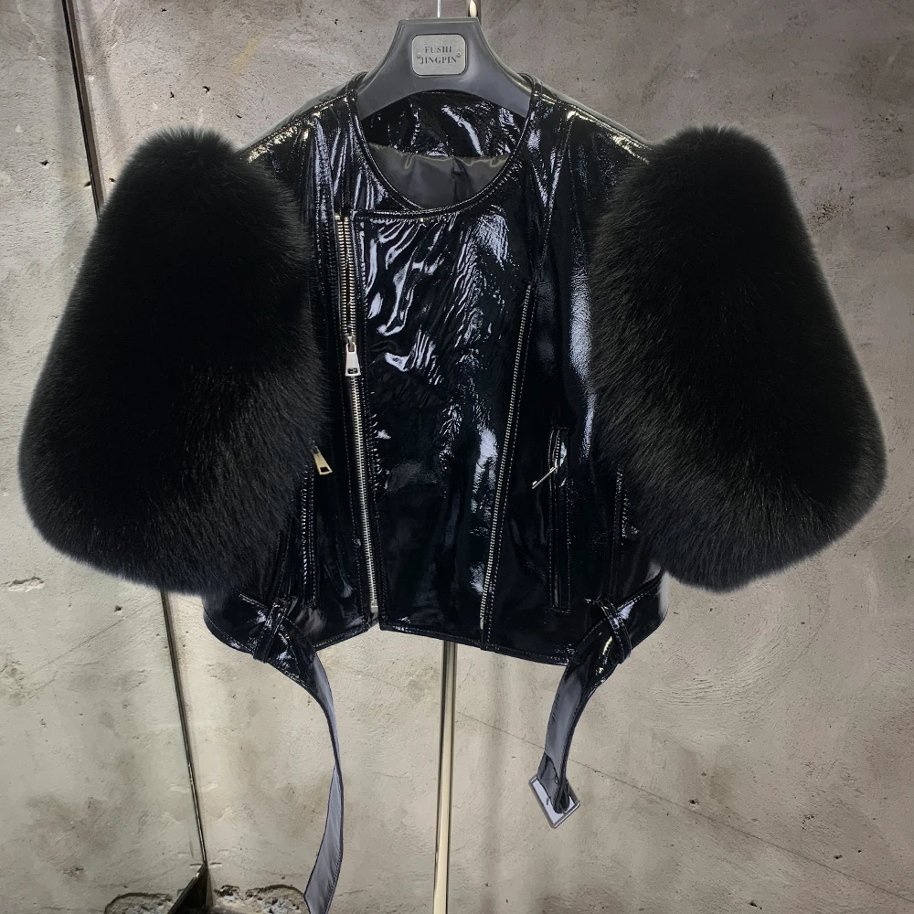 Leather Fur Jacket Natural Fur Sleeve Ladies Short Leather Jacket Real Fox Fur Sleeve Coat Women Autumn 21001-1