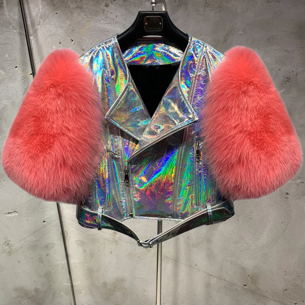 Leather Fur Jacket Natural Fur Sleeve Ladies Short Leather Jacket Real Fox Fur Sleeve Coat Women Autumn 21001-1
