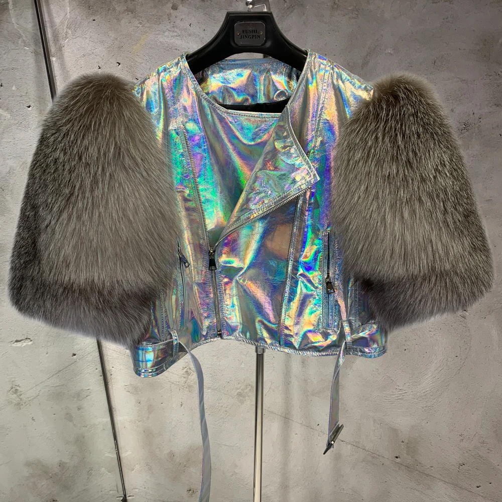 Leather Fur Jacket Natural Fur Sleeve Ladies Short Leather Jacket Real Fox Fur Sleeve Coat Women Autumn 21001-1