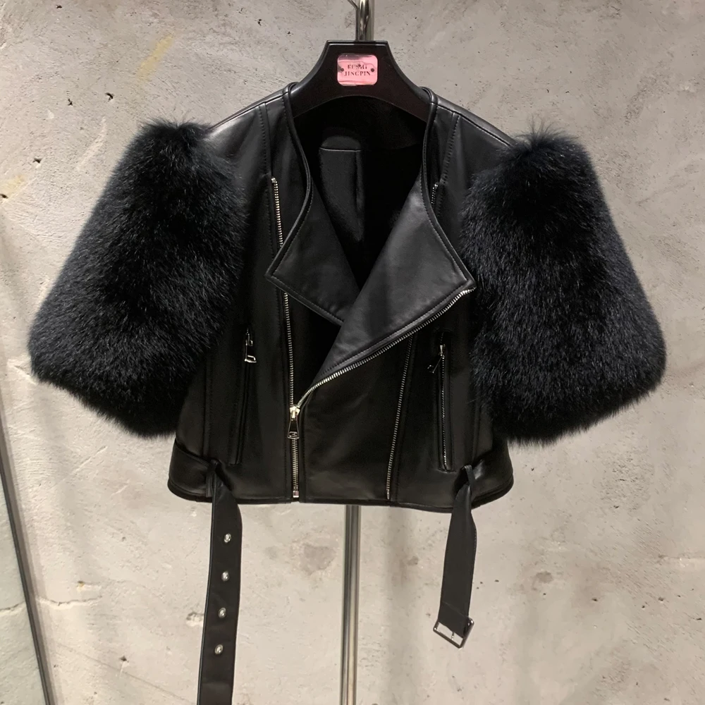 Leather Fur Jacket Natural Fur Sleeve Ladies Short Leather Jacket Real Fox Fur Sleeve Coat Women Autumn 21001-1