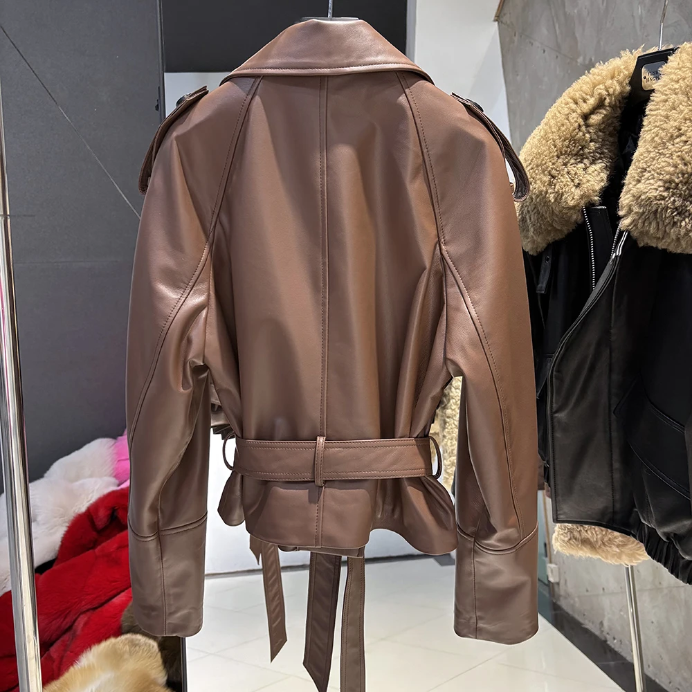 YOLOAgain Real Leather Jacket Women Burgundy Grain Leather Jacket With Belt