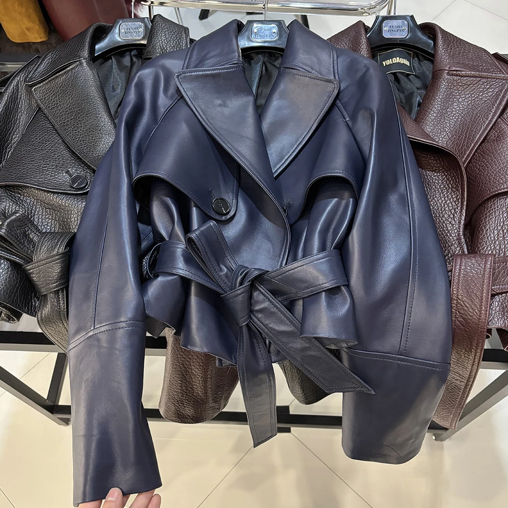 YOLOAgain Real Leather Jacket Women Burgundy Grain Leather Jacket With Belt