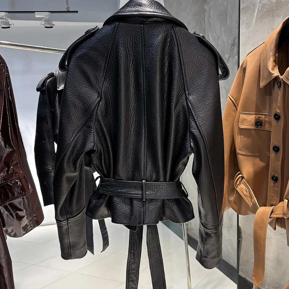 YOLOAgain Real Leather Jacket Women Burgundy Grain Leather Jacket With Belt