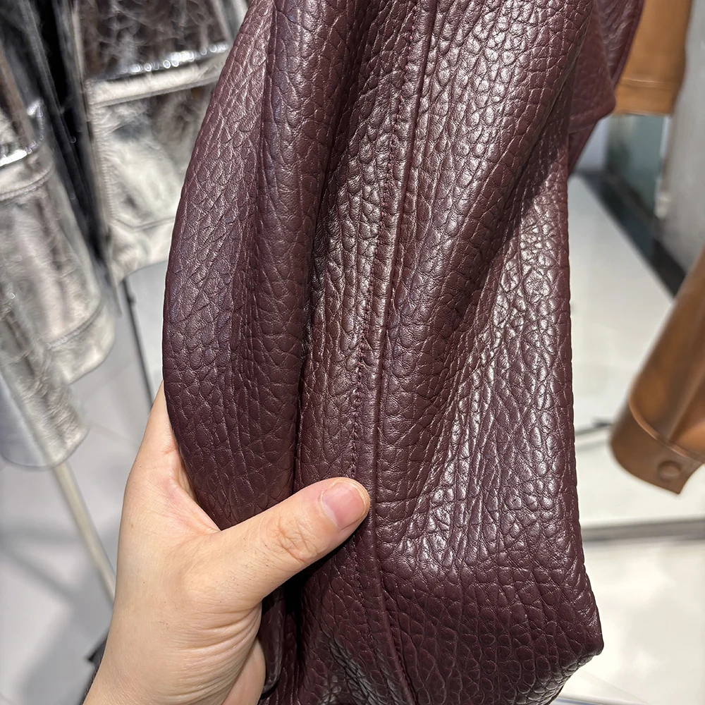 YOLOAgain Real Leather Jacket Women Burgundy Grain Leather Jacket With Belt