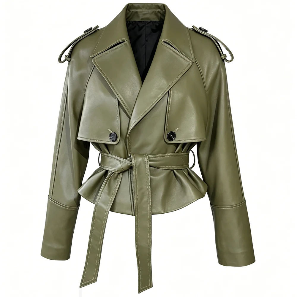 YOLOAgain Real Leather Jacket Women Burgundy Grain Leather Jacket With Belt