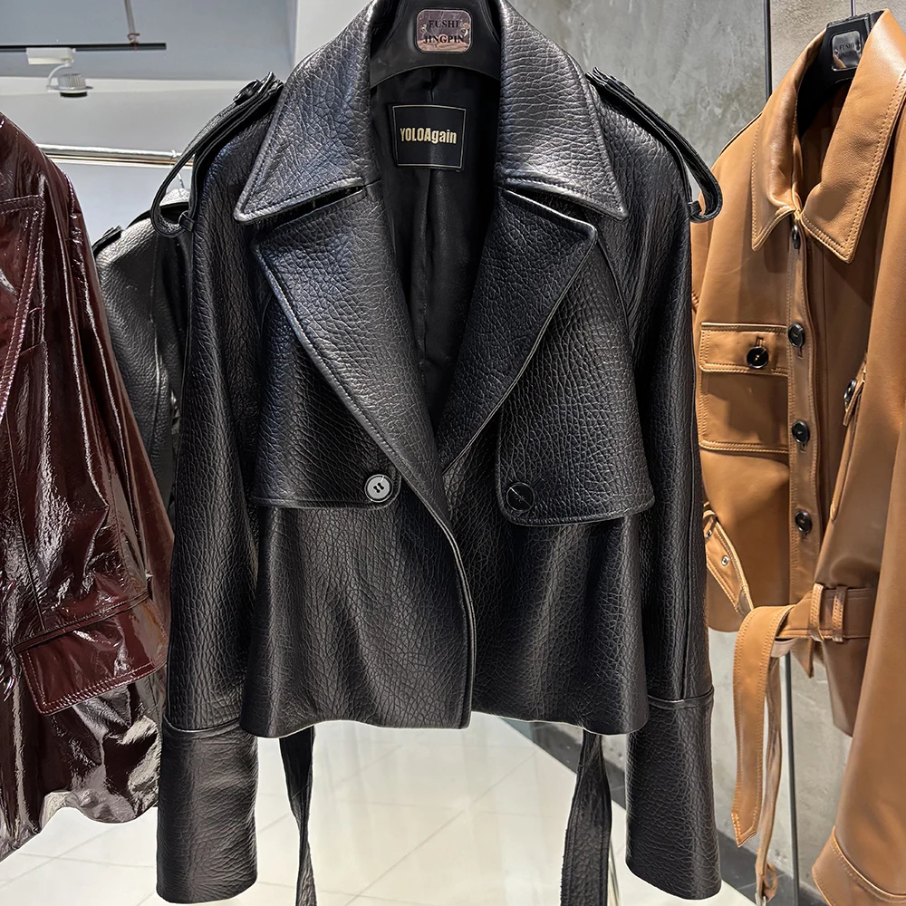 YOLOAgain Real Leather Jacket Women Burgundy Grain Leather Jacket With Belt