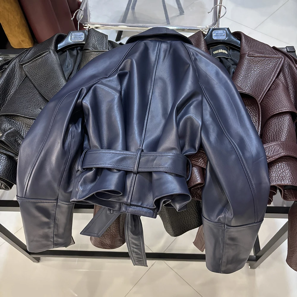 YOLOAgain Real Leather Jacket Women Burgundy Grain Leather Jacket With Belt