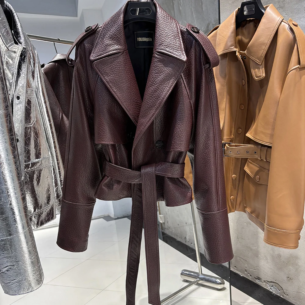 YOLOAgain Real Leather Jacket Women Burgundy Grain Leather Jacket With Belt