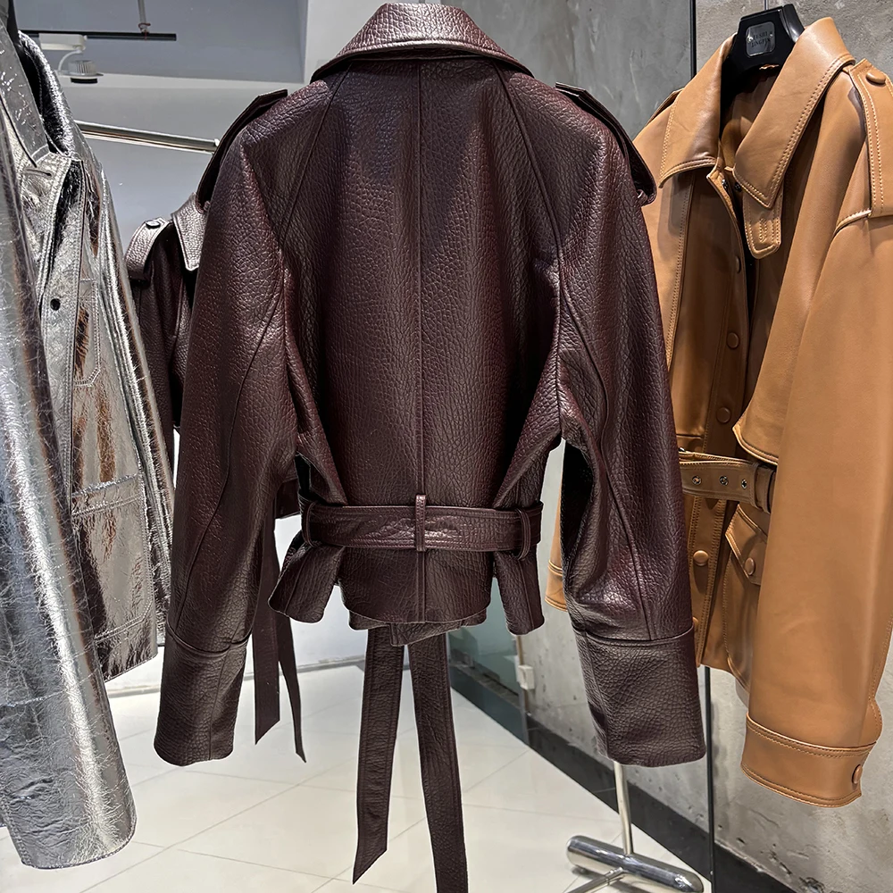 YOLOAgain Real Leather Jacket Women Burgundy Grain Leather Jacket With Belt