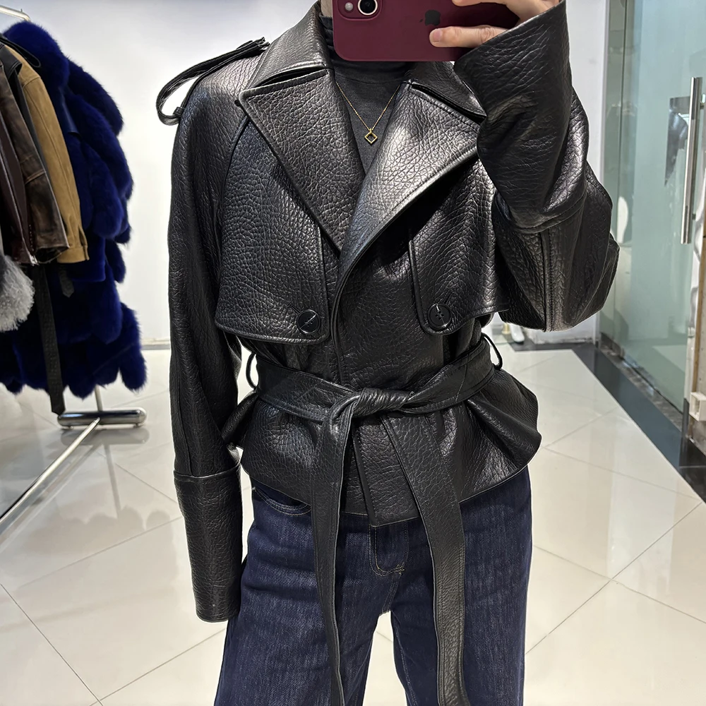 YOLOAgain Real Leather Jacket Women Burgundy Grain Leather Jacket With Belt