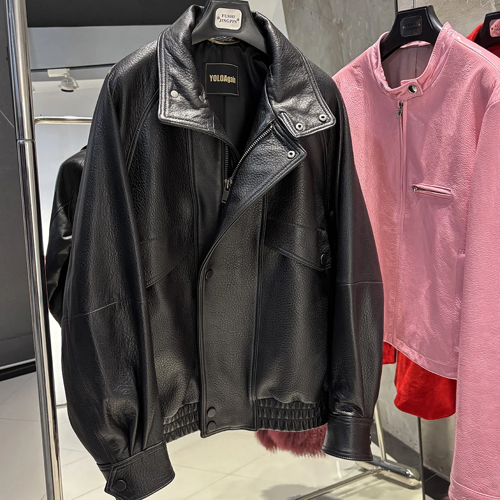 YOLOAgain Drop Shoulder Real Leather Jacket Women Genuine Sheepskin Jacket Coat