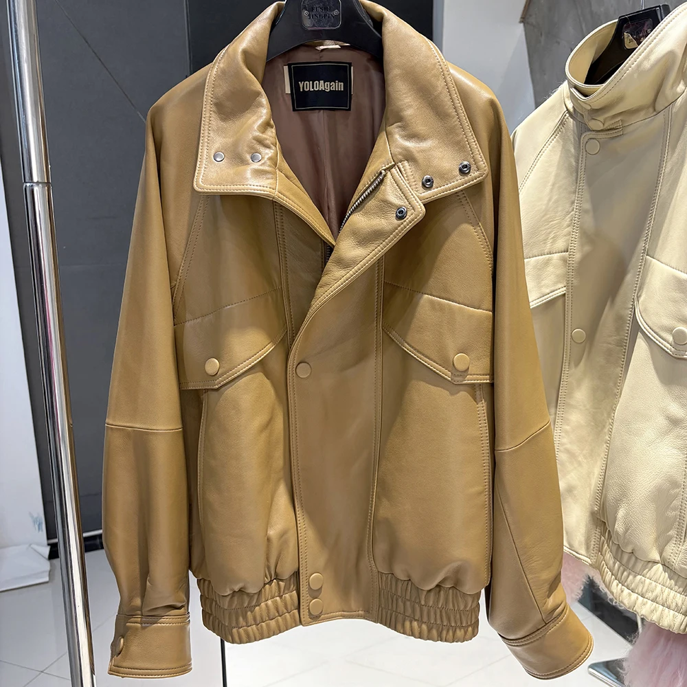 YOLOAgain Drop Shoulder Real Leather Jacket Women Genuine Sheepskin Jacket Coat