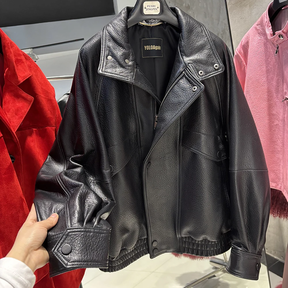 YOLOAgain Drop Shoulder Real Leather Jacket Women Genuine Sheepskin Jacket Coat