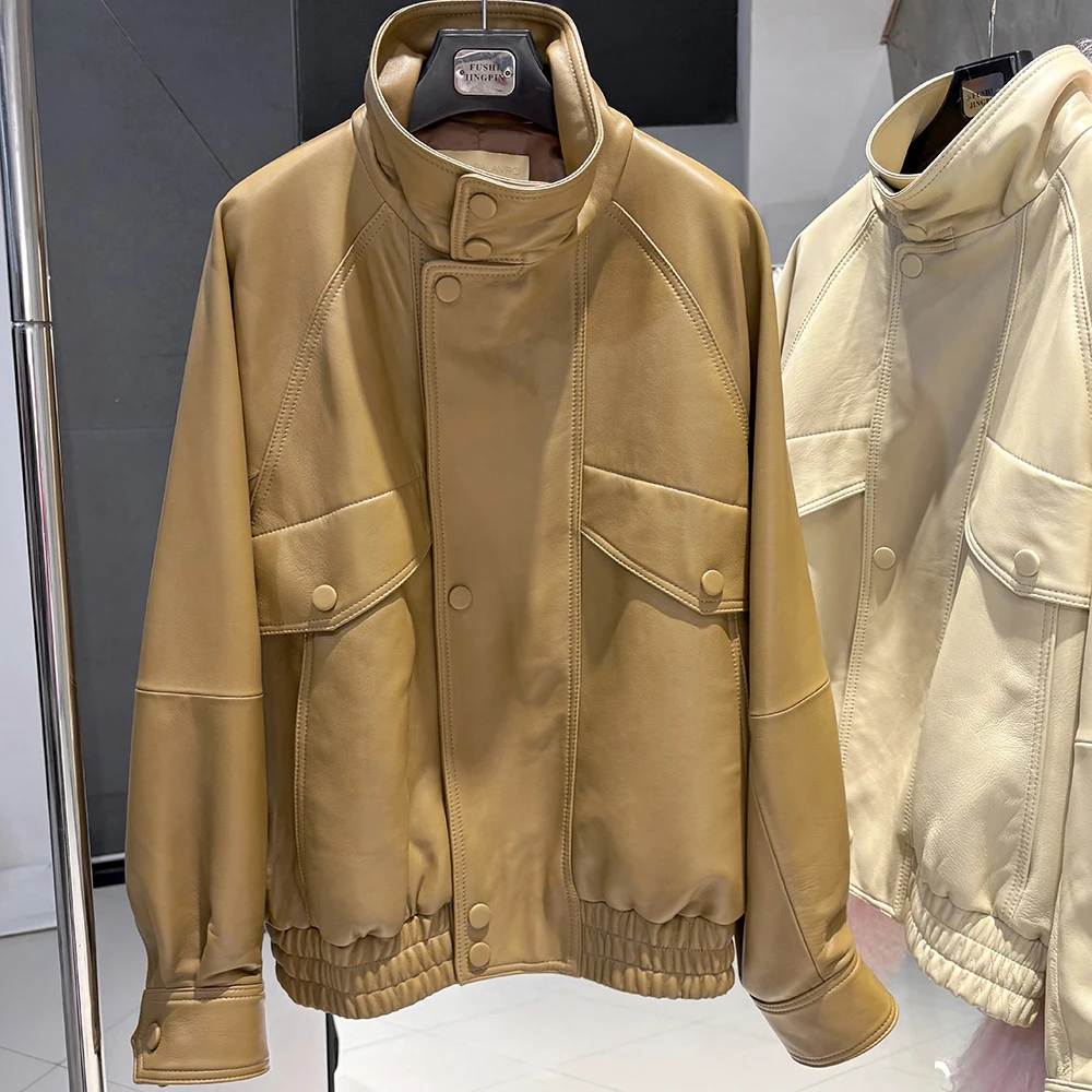 YOLOAgain Drop Shoulder Real Leather Jacket Women Genuine Sheepskin Jacket Coat
