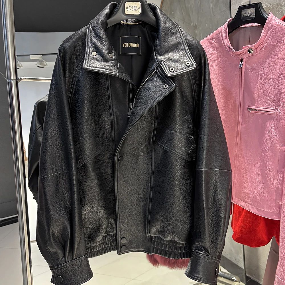 YOLOAgain Drop Shoulder Real Leather Jacket Women Genuine Sheepskin Jacket Coat