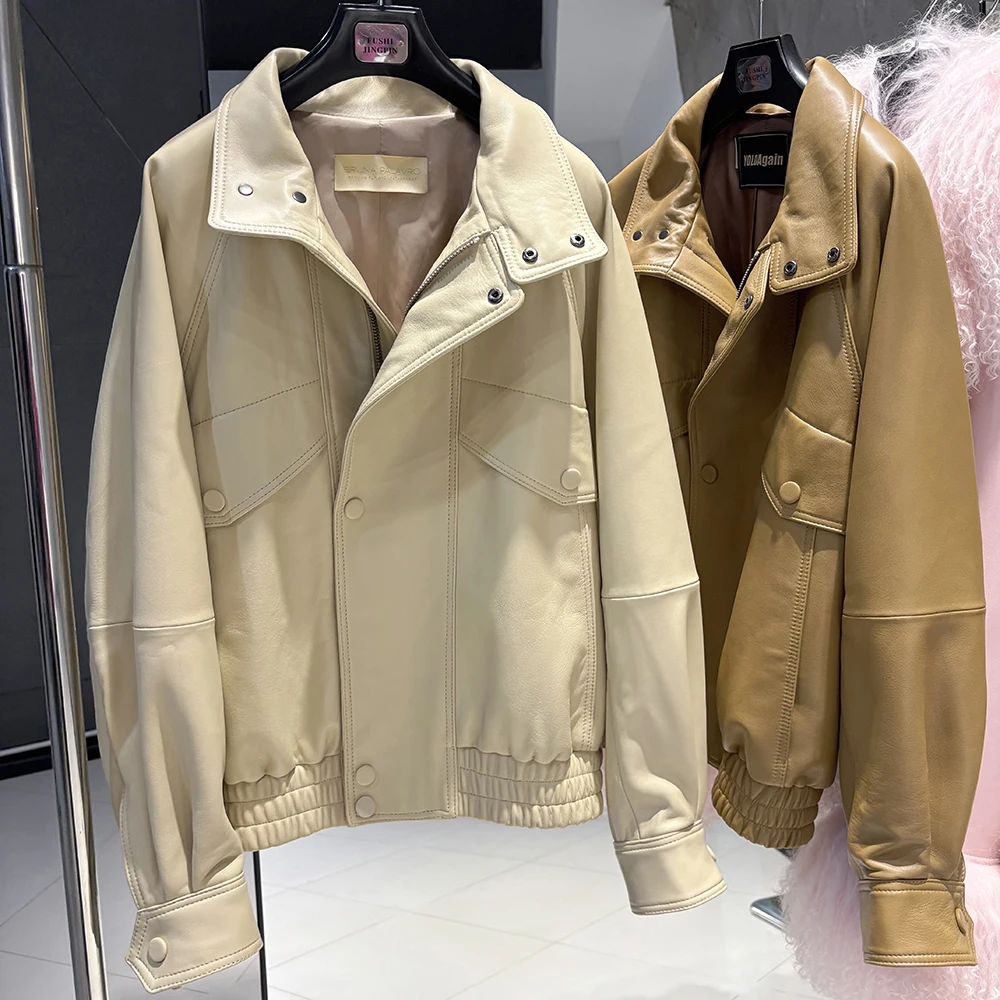 YOLOAgain Drop Shoulder Real Leather Jacket Women Genuine Sheepskin Jacket Coat